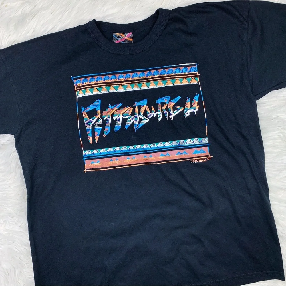Vintage 80s Michou Pittsburgh Metallic Bridge Screen Print Tee Shirt Black XL